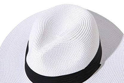 Lanzom Women Wide Brim Straw Panama Roll up Hat Fedora Beach Sun Hat UPF50+ - color: White, size: One Size-Medium