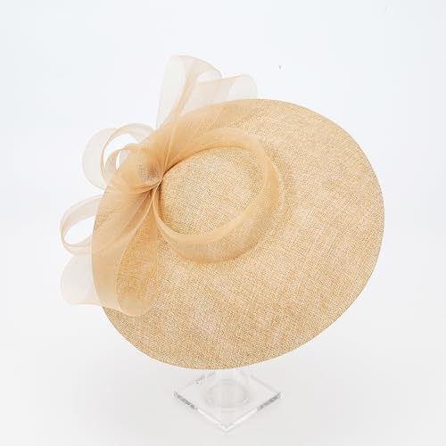 Elegant Wide Brim Fascinator Hat for Women, Detachable Headband & Clip - color: Light Khaki