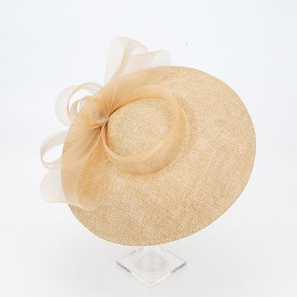 Elegant Wide Brim Fascinator Hat for Women, Detachable Headband & Clip - color: Light Khaki