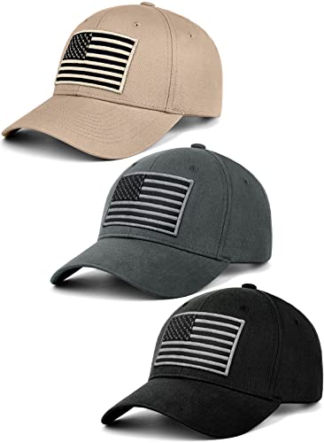KIRAAT 3 Pack American Flag Baseball Cap Unisex,Low Profile USA Plain Dad Hat for Men＆Women - color: Black＆grey＆khaki