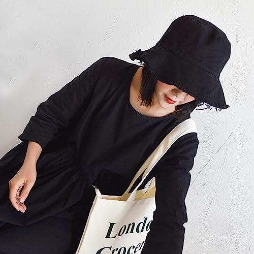 Quanhaigou Frayed Unisex Sun Hats, Fashion Beach Bucket Hat for Men Women,Summer Outdoor Boy's Girls Boonie Cap - color: Frayed Black