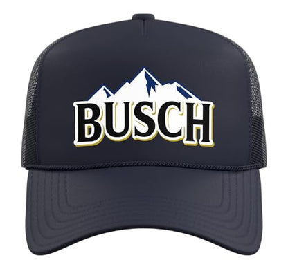 Busch Beer Mountains Logo Tee Trucker Hat with Adjustable Mesh Back - color: Navy Blue