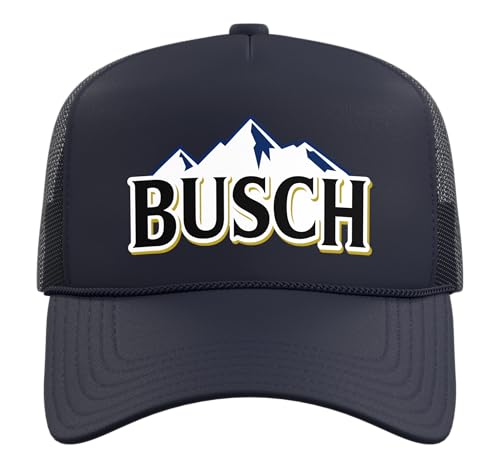 Busch Beer Mountains Logo Tee Trucker Hat with Adjustable Mesh Back - color: Navy Blue