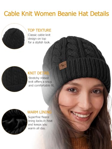 Winter Hats for Women Cable Knit Chunky Skull Cap Fleece Lined Thick Fold Cuff Beanie hat - color: Black, style: Cross Jacquard