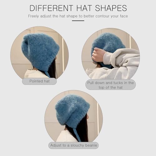 LumiSyne Winter Wool Knitted Hat Adjustable Drawstring Dual Purpose Earflap Hat and Knitted Bag Slouch Beanie Baggy Skull Cap - color: Blue