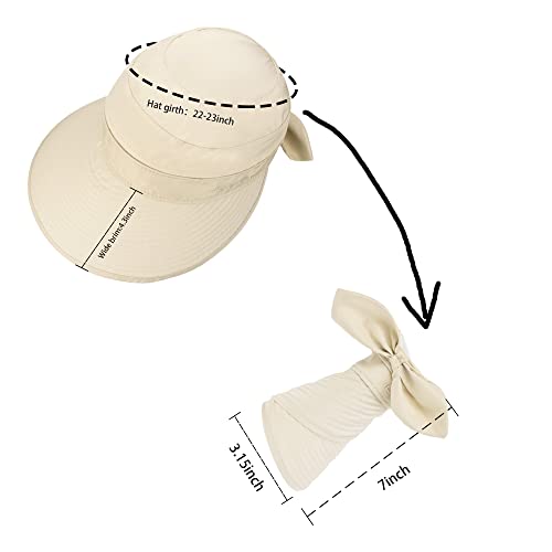 Womens Large Brim Sun Hat Uv Protection 2 in 1 Zip-Off Sun Protection Visor Beach Hat Packbale Foldable - color: Beige
