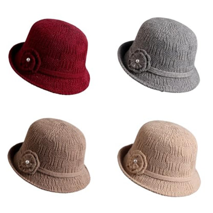 Crochet Bucket Hat for Women, Winter Flower Knitted Cap - color: Black