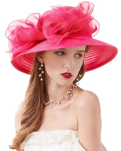Z&X Organza Church Fascinator Wedding Tea Party Derby Hats for Women Flower Wide Brim Sun Hats - color: 06c Rose Red