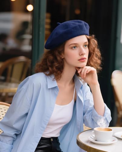 French Beret Hats for Women - Wool Solid Color Beanie Cap - color: Navy Blue