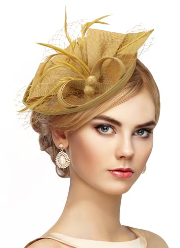 Zinniday Fascinator Tea Party Hat - 2026 Derby Pillbox Kentucky Hat for Women (7.87x5.9inch) - color: Gold