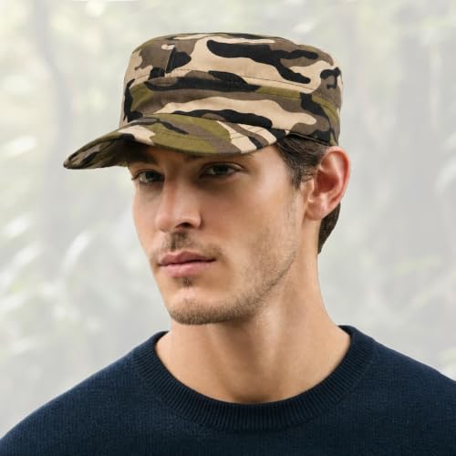 Initlove Cadet Army Cap Military Unisex Flat Top Hat for Men Women - color: Camo Beige