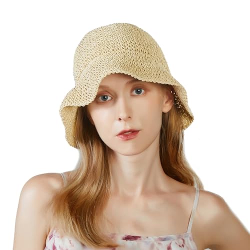 Floppy Straw Sun Hat Foldable Hand-Woven Crochet Straw Hats Outdoor Summer Beach Headwear for Women Girl Beige