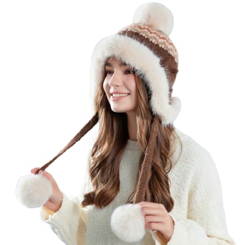 Women Winter Sherpa Beanie Hats Knit Ear Flap Hat Fleece Lined - color: Patterned Coffee