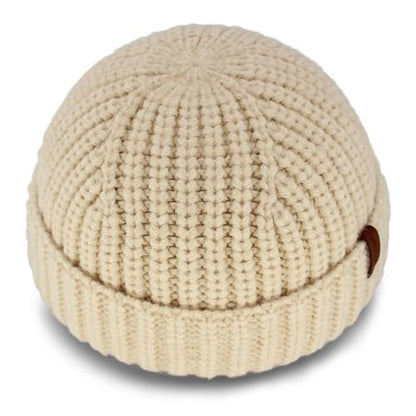 Chunky Wool Fisherman Short Beanie Hats Skull Cap for Men, Mens Thick Skater Streetwear Fishermans Beanie Daily Hat - color: Ivory