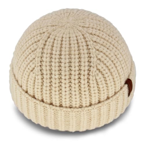Chunky Wool Fisherman Short Beanie Hats Skull Cap for Men, Mens Thick Skater Streetwear Fishermans Beanie Daily Hat - color: Ivory