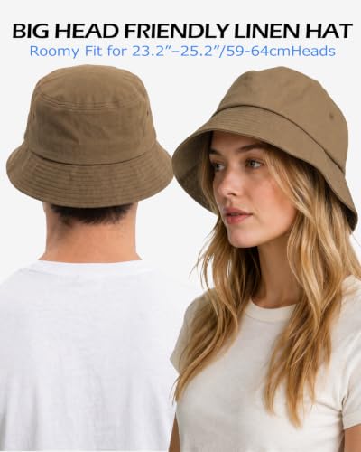 Zylioo XXL Linen Bucket Hat for Big Heads, Summer Travel Sun Hat - color: Coffee, size: Large-X-Large