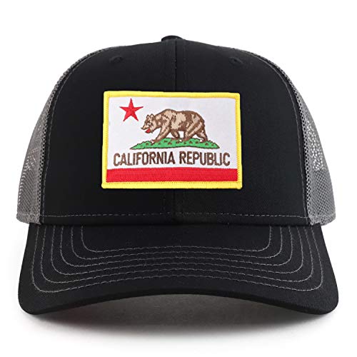 Armycrew California State Flag Patch 6 Panel Two Tone Mesh Back Trucker Cap - color: Black Charcoal