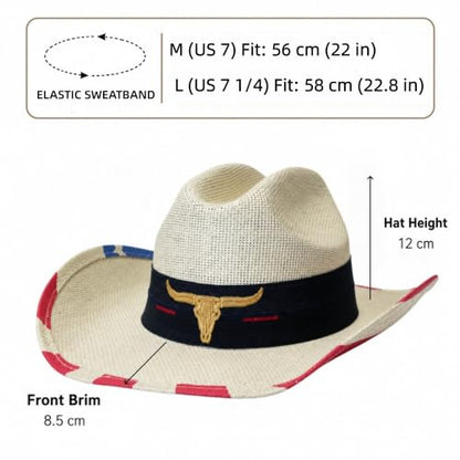 Cattleman Straw Western Cowboy Hat for Men Women, American Flag Hat - size: Large