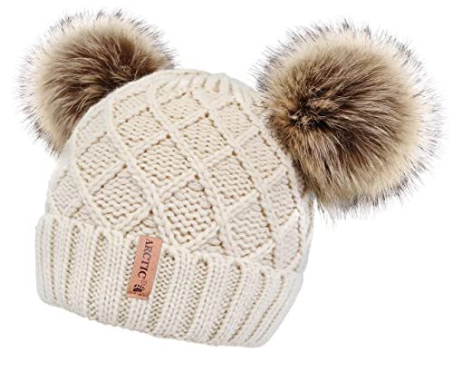 Arctic Paw Womens Winter Hat Cable Knit Beanie for Women Faux Fur Pompom Ears - color: Beige_grid