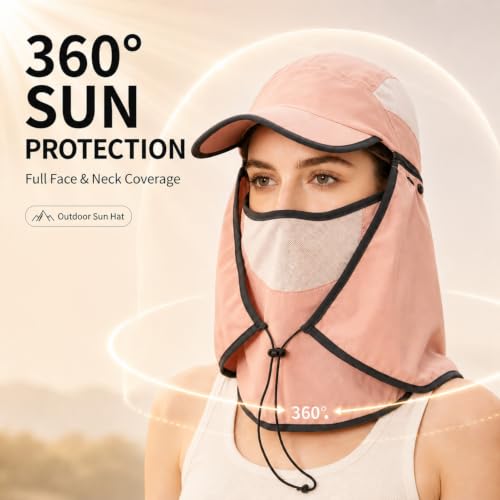 HUAMULAN Women Wide Brim Sun Hat Ponytail UV Protection Visor Fishing Cap - color: Pink With Foldable Visor