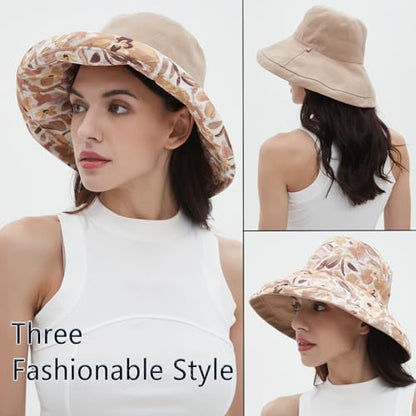vidsel Womens Sun Hats Wide Brim Reversible Bucket Cotton Hat with Hat Clip - color: Khaki, size: Medium