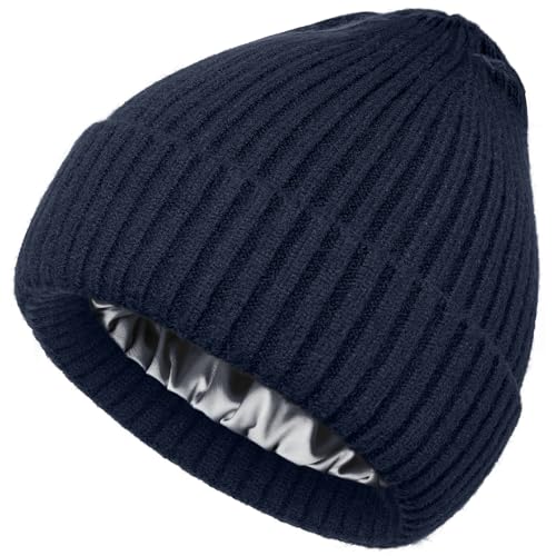 Satin Lined Wool Acrylic Blend Beanie Hat Women Men, Winter Knit Cap - color: Navy Blue