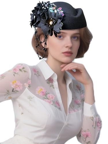 Petaluna Women's Flower Beret Suitable for Church Wearing Elegant Breathable Wedding Party Retro French Headdress - color: Black-2