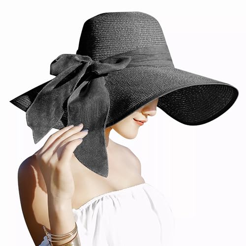 Lanzom Womens 5.7 Inches Big Bowknot Straw Hat Large Floppy Foldable Roll up Beach Cap Sun Hat UPF 50+ - color: Black
