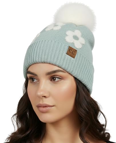 Funky Junque Beanie for Women Ultra Soft Chenille Faux Fur Pom Pom Winter Hats Warm Ski Cap Fashion - color: Daisy - Mint