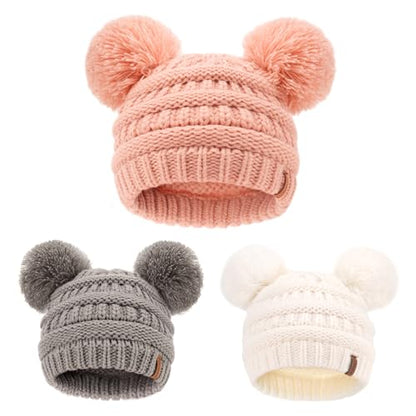 FURTALK Baby Winter Knitted Beanie Hat Soft Warm Pom Poms Toddler Skull Cap - color: Pink+white+grey, size: 0-12 Months