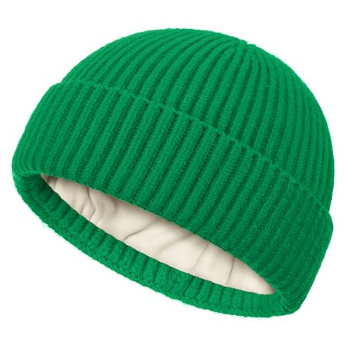 Fleece Lined Wool Short Fisherman Beanie Men Women Cuff Winter Hat - color: 1pc-kelly Green