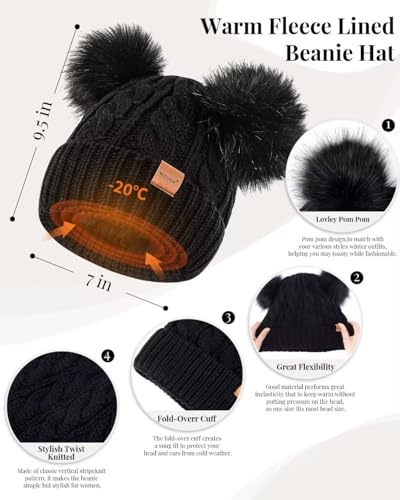 Winter Hat Scarf Glove Set for Women, Warm Fleece Lined Womens Beanie Hat with Double Pom Pom, Gloves with Touchscreen Fingers, Knit Scarf Neck Warmer for Cold Weather-Grey