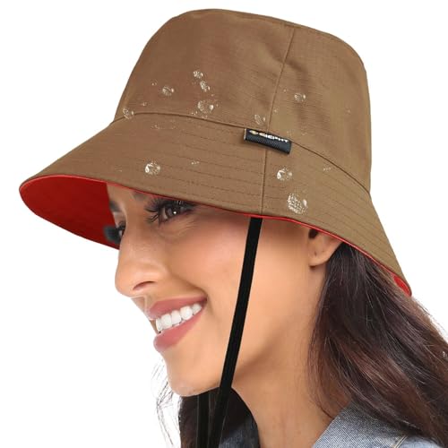 Womens Bucket Rain Hat Reversible Packable Foldable Water Repellent Cute for Ladies Travel Hiking Golf - color: Brown/Red, size: Small