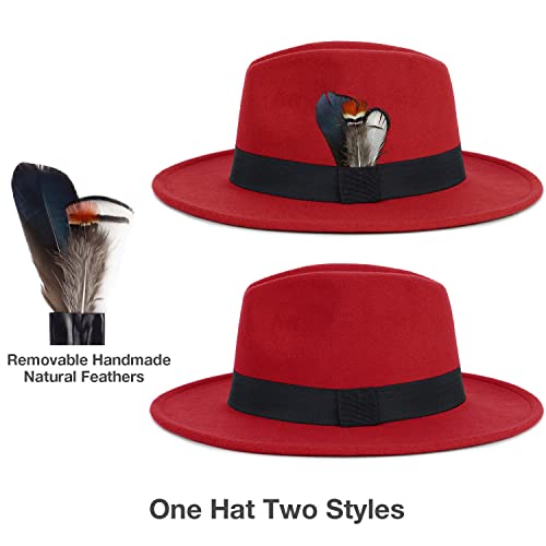 Classic Fedora Hats for Men & Women Wide Brim Felt Hat Panama Dress Fedora Hat - color: A-red, size: Large-X-Large