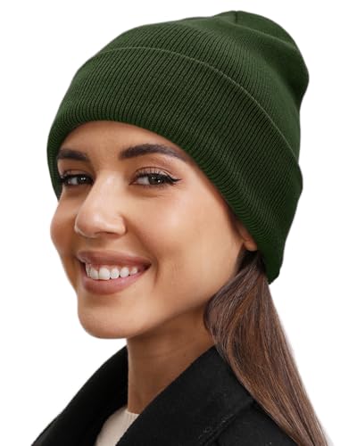 vidsel 100% Cotton Beanie Hat-Unisex Winter Knit Cuffed Beanies Skull Cap - color: 1-olive Green