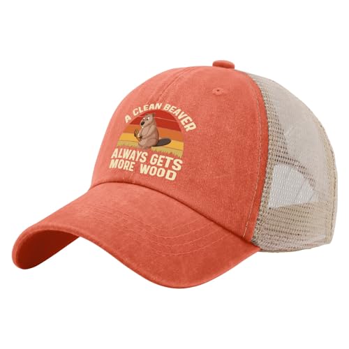 A Clean Beaver Always Gets More Wood Trucker Hats - Women's & Men's Funny Dad Hats - Perfect Birthday Gifts - color: Orange