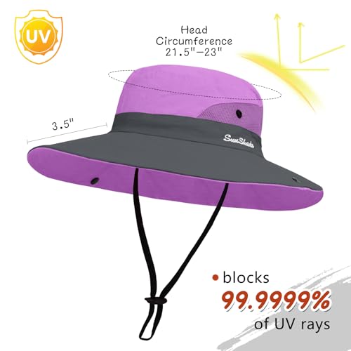 ZOORON Women's Ponytail Safari Sun Hat,Wide Brim UV Protection Bucket Hat - color: 2-purple+grey