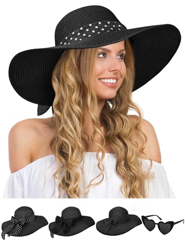 Sun Beach Straw Hats for Women, Summer Wide Brim Hat - color: Black, size: Large