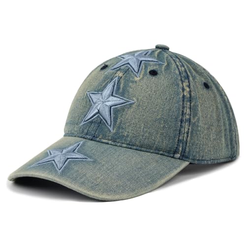 Unisex 3D Star Embroidered Washed Denim Baseball Cap Vintage Men Dad Hat - color: Blue
