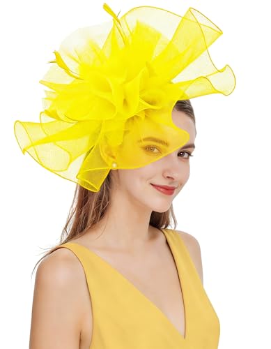 Z&X Sinamay Fascinator Hat Floral Feather Pillbox Derby Hats for Women Wedding Tea Party with Headband Clip - color: 006b Yellow