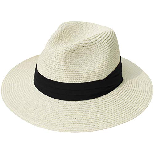 Lanzom Women Wide Brim Straw Panama Roll up Hat Fedora Beach Sun Hat UPF50+ - color: 02-fold Belt Beige, size: One Size-Small