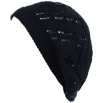 BYOS Chic Parisian Style Soft Lightweight Crochet Cutout Knit Beret Beanie Hat - color: 2-pack Wavy Stripes Brown & Black