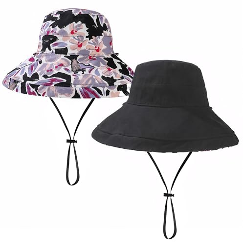 Womens Foldable Shapeable Brim Sun Hat UPF 50+ Cotton Wide Brim Beach Adjustable Chin Strap Hat Sun Protection Cap - color: Z5-black