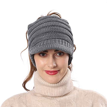 Women's BeanieTail Warm Knit Hat Messy High Bun Ponytail Visor Beanie Cap - color: B324-grey, size: Medium