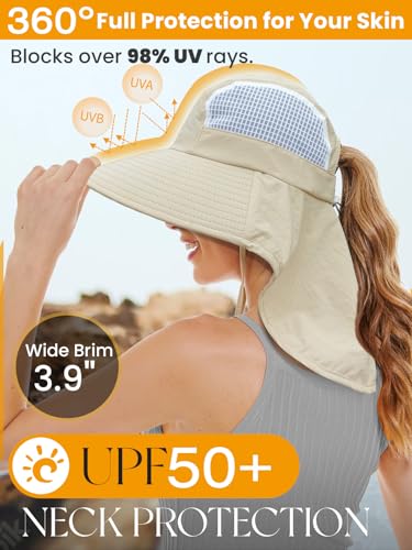 Sun Hats for Women UV Protection with Neck Flap Wide Brim Beach Hats with Ponytail Hole for Hiking Fishing Gardening Travel - color: Beige