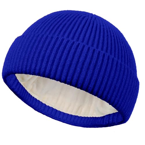 Short Fisherman Beanie for Men Women Wool Fleece Lined Winter Hat - color: 1pcs-blue