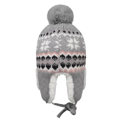 IPENNY Women's Winter Faux Fur Lined Trapper Hat, Warm Knitted Beanie with Pom Pom & Earflaps, Warm Ski Cap for Cold Weather - color: Grey