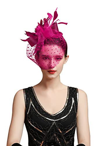 Fascinators Hat Feather Headband Women's Fascinators Tea Party Headwear with Clip Derby Hat for Girls and Women - color: 1 Rose Red