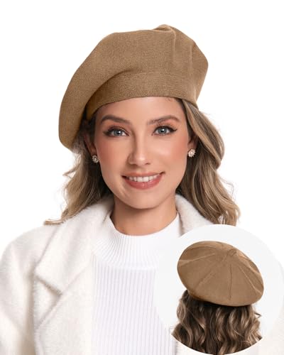 Women's Knitted Beret, French Style Double Layer Winter Autumn Warm and Soft Beanie Hat Cap - color: Dark Camel