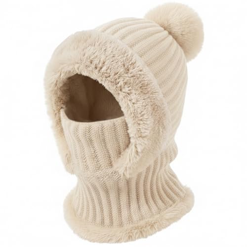 AQOKKA 3 in 1 Knit Fleece Lined Beanie Hat with Scarf and Mask Warm - color: Beige
